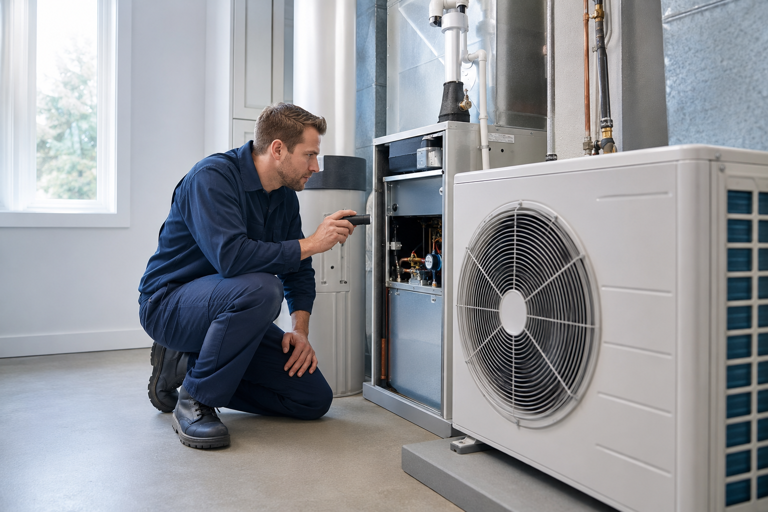 HVAC technician inspecting a high-efficiency home heating and cooling system
